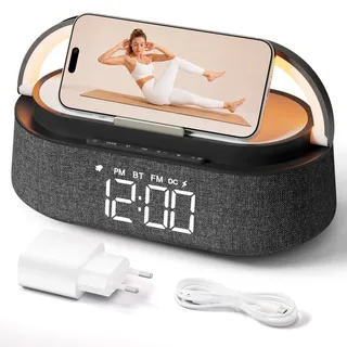 COLSUR Radiowecker Digital mit Wireless Charger Bluetooth Lautsprecher | Wecker mit Ladestation Schlummerfunktion Licht Nachtlampe, LED Display, Geschenke für Männer Frauen