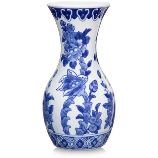 Blaue und Weiße Keramikvase, 27CM Blumenvase mit Blumenmuster, Große Retro Chinoiserie Vase Deko, Vintage Vase für Blumen Tisch Centerpiece Wohnzimmer Bücherregal Dekoration