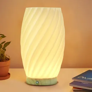 FANSIR Nachttischlampe mit Holzsockel, 9-Stufig Dimmbare Nachttischlampe mit PLA Lampenschirm, Kleine Tischlampe mit USB Kabel für Schlafzimmer Nachttisch Wohnzimme Kinderzimmer(Groß Spirale B)