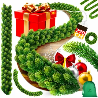 KESSER® Weihnachtsgirlande 2,7m lang | dicht – Naturgetreues Tannengrün - wie echt - IP 44 Outdoor & Indoor Girlande - Treppen, Tür, Balkon, Weihnachtsdeko + Tasche - Dunkelgrün