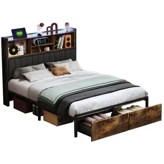 FUROKOY Jugendbett Doppelbett mit 2 Schubladen (Polsterbett Stauraumbett 140 x 200cm, Metallbett Bettgestell für Jugend Erwachsene) 140 cm x 200 cm