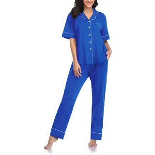 SHEKINI Schlafanzug Damen Kurzarm Pyjama Set Zweiteiliger Damen Knopfleiste V-Ausschnitt Nachtwäsche Sleepwear Loungewear Bequemer Oberteil und Pyjamahose - L
