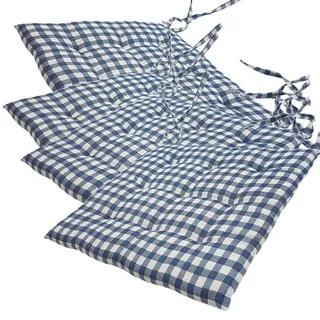 NYVI Stuhlkissen 40x40 cm ComfySeat Blau Weiß kariert 4er Set - Sitzkissen mit Bändern/Schleife, 9-fache Steppung - Indoor & Outdoor - Gartenstuhlkissen aus Baumwoll-Mischgewebe - ÖkoTex 100