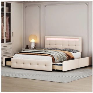 WISHDOR Polsterbett Doppelbett Stauraumbett (140 x 200 cm beige (ohne Matratze), mit LED, Lattenrost & Bettkasten auf Rollen beige|weiß