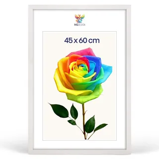 MG Design Bilderrahmen 45 x 60 cm – Posterrahmen mit Weiß Holzrahmen (Echtholz) und bruchsicherem Acrylglas, Hoch & Quer mit stabiler Wandaufhängung