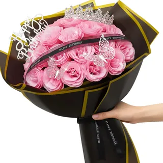 MEIVINES 24 Stück Glitzer Rosenstrauß Glitzer Rosen Blumenstrauß Kunstblumenstrauß Rosen DIY Glitzer Bouquet mit Krone für Valentinstag, Hochzeit, Verlobung, Geburtstag (Rosa)