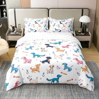 Homewish Cartoon Hund 100% Baumwolle Bettbezug,Bunter Welpe Bettwäsche Set 155x220 für Kinder Jungen Mädchen,Haustiere Tröster Abdeckung,Hunde Tier Bett Set mit 1 Kissenbezug