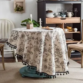 Runde Tischdecke (150 Cm Durchmesser) Mit Print In Rosa Und Blau, Tischdecke Aus Baumwolle Und Leinen Im Landhausstil, Retro-tischdecke Für Esstisch, Party Und Dekoration