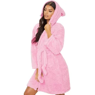 MINASAN BeerMmay Damen Bademantel kurz mit Kapuze - Flauschiger Saunamantel Morgenmantel Nachtwäsche Fleece Morgenmantel Ohr mit Kapuze (Rosa, L) - L