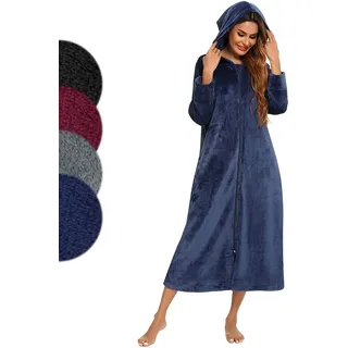 Figarge Bademantel Damen Reißverschluss Kapuze Bademantel Damen Frottee Baumwollsamt Frottee Velours Luxus Morgenmantel Hausmantel (DE/NL/SE/PL, Alphanumerisch, XL, Regular, Regular, Marineblau) - XL