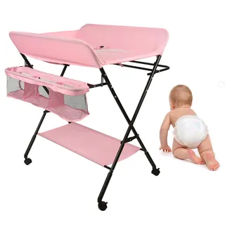 Homewell Baby Wickelkombi Wickelkommode, Mobile Wickeltisch Klappbar, mit Wickelauflage, Sicherheitsgurt, Ablagefächern, süßem Muster und Höhenangabe, Stabil und Bequem (Rosa-Tief)