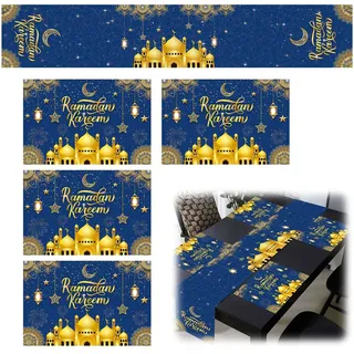 Umrah Mubarak Deko – Hochwertiges Ramadan Servietten und Tischdecke Set, Ausgezeichnet für Ramadan Tischläufer, Hajj Mubarak Deko und Star Kitchen DekorationEid Deko Stern Mond Zubehör Ramadan