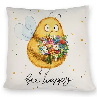 speecheese Pummel Biene Kissen mit Spruch Bee Happy Hummel Blumen Design Frühling Glücklich Gezeichnetes Hpnig Strauß Kissen zum Schlafen sei glücklich