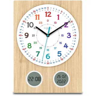 Cander Berlin MNU 11130 S Wanduhr Kinder lautlos 35 cm Lernuhr Jungen Mädchen Kinderzimmer ohne Tickgeräusche Holzfurnier digital analog