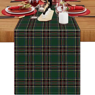 LRartdeco Tischdecke Weihnachten Grün 40x140cm Modern Leinen Tischläufer Geometrisch Karierte Weihnachts Tischdeko Tisch Läufer 1er Set Tischband Für Hochzeit Party Urlaub Esszimmer Esstisch Deko