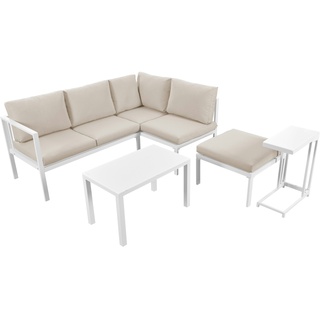 Merax Garten-Lounge-Sessel-Set, Ecklounge, Gartenmöbel für 6–8 Personen, Gartenmöbel-Set, Lounge-Möbel, 5er-Set, inklusive aller Kissen, weiß