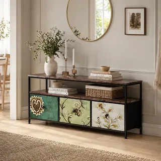 BRILVERDE LED TV Schrank mit 3 Schubladen aus Stoff, TV Lowboard mit offenem Stauraum, Fernsehschrank für Wohnzimmer, Aufbewahrungsschrank, 137x30x57cm (Bunt A)