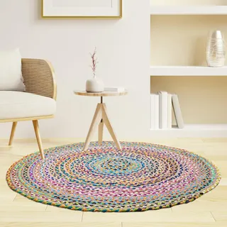 Craft Trade Bunt Boho Jute Teppich Reversibel Geflochten Handgewebt Rund Flickenteppich für Küche Wohnzimmer und Schlafzimmer- 150 cm