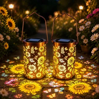 2 Stück Solarlaterne für Außen Hängend - Bunte Sonnenblumen Solarlampe - Metall Solarleuchte Gartendeko für Balkon, Hof, Terrasse, Geschenk für Frauen, Mama, IP65 Wasserdicht Sonnenblumenlicht