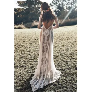 Stilvolle Einfachheit Brautkleid - Vintage Lace Backless Boho Beach Brautkleider Langarm Nude Futter Country Bohemian Hippie Gypsy Bride Dress