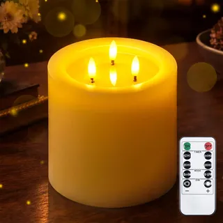 Yeelida 3-Docht 15x15cm große flammenlose LED-Kerze mit Fernbedienung und Wachsöl-Effekt, Timerfunktion Elfenbein batteriebetriebene Säule flackernde Echtwachs-3D-Docht-Kerze