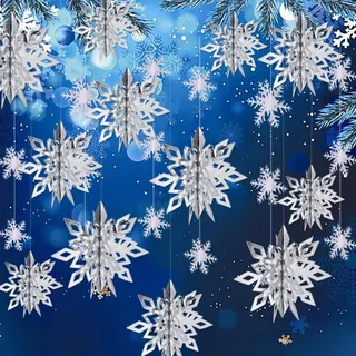 OuMuaMua Winter-Weihnachts-Schneeflocken-Dekorationen, 12 Stück große 3D-Schneeflocken und 12 weiße Papier-Schneeflocken, hängende Girlande für Weihnachten, Winterwunderland, Urlaub, Neujahr, Party,