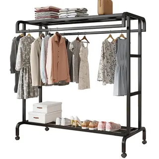 Schwerlast Kleiderständer, Stabil Metall Garderobenständer auf Rollen mit Lagerregal für Boxen und 2 Kleiderstangen, Multifunktional Garderobe für Schlafzimmer Balkon, 120x50x150cm
