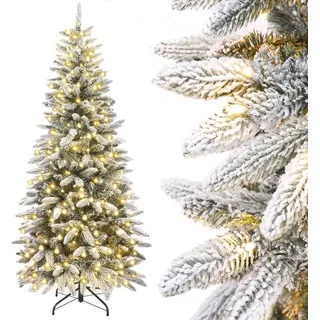 Yorbay 210cm Künstlicher Weihnachtsbaum Slim mit Beleuchtung LED Tannenbaum für Weihnachten-Dekoration, Schneebeflockt, Schmal, Weiß