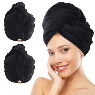KinHwa Haarhandtuch Mikrofaser 2er Set 30x70 cm – Extra weicher Haarturban mit Knopf für Lange Haare – Verkürzt die Föhnzeit & reduziert Frizz – Saugstarkes Hair Towel für Damen-Schwarz