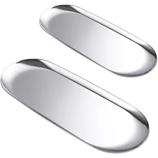 Deko Tablett Set,2 PCS Ervierplatte Dekotablett Edelstahl Serviertablett Schmuckschale Kerzentablett Oval Ablageschale für Schmuck Kosmetik Kerzenständer Obst Schlüssel(Silber)