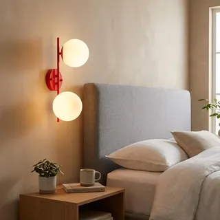 BARCELONA LED Wandlampe oder Deckenleuchte Doppel Kugel Glas Opal E27, Lampe Metall Rot Vintage Industrial Minimalistisch, Weiches Licht für Schlafzimmer Wohnzimmer Bad Flur Treppe Innen