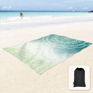 Sunlit Silky Soft Boho Sand Proof Beach Blanket Sand Proof Mat with Corner Pockets and Mesh Bag 6' x 7' for Beach Party, Travel, Camping and Outdoor Music Festival, Tiffany Green Mandala