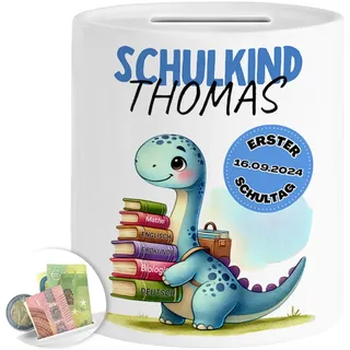 Tassenliebling® Schulkind Spardose personalisiert Junge - Geschenk zur Einschulung - Dino Spardose Kinder - Schultüte Füllung - Schulanfang Geschenke - Grundschule Vorschule
