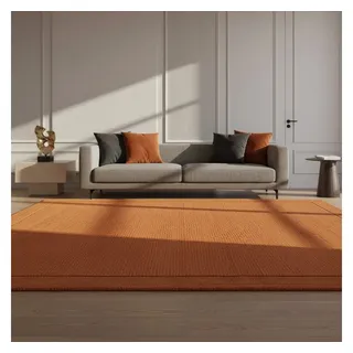 KADIMA DESIGN Wollteppich Handgewebter Teppich, Strukturdesign Bordüre, Unifarben, Weich, Robust, Rechteckig, Höhe: 19 mm, 100% Schurwolle, Rutschfester Baumwollrücken, Schalldämmend orange 120 cm x 170 cm x 19 mm