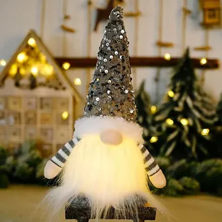 Welikera Dekohänger, Weihnachten Wichtel mit Licht Weihnachtszwerg Plüsch 30cm, Wichtel Figuren Weihnachtspailletten mit LED, Grau
