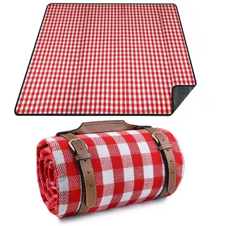 RealPero Extra große Picknickdecke, wasserdicht, Campingmatte, Teppich mit PU-Träger, weich, leicht, tragbar, Outdoor-Matte für Reisen, Rasen, Camping auf Gras, sanddicht, Strand, rot/weiß kariert