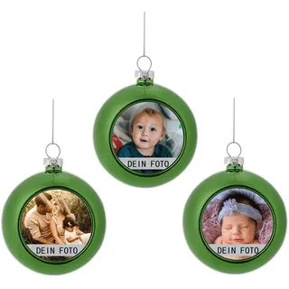 MilyaDE 3 Stück Weihnachtskugeln mit eigenem Bild, Kunststoff innen Glitzer Lametta 6cm, Christbaumkugeln Personalisierte selbst gestalten, Grün