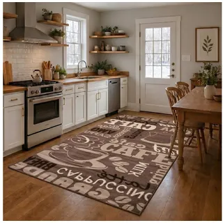 Vimoda Küchenteppich Teppichläufer Coffee Modern Kaffee Design in Braun Beige Teppich für Lounge oder Küche,Maße:160x220 cm