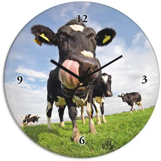 ARTLAND Wanddeko Wanduhr ohne Tickgeräusche Glas Funkuhr Ø 30 cm Rund Lautlos Tiere Kuh Lustig Ländlich Hipster Originell Landhaus T5WJ
