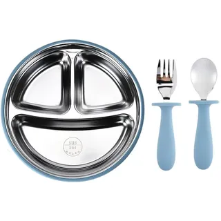 Baby Teller mit Saugnäpf, 304 Edelstahl Kindergeschirr mit Gabel und Löffel, Blau - Blau