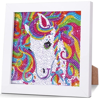 FiveMileBro Diamant Malerei für Kinder mit Holzrahmen, 5D DIY Diamant Malerei Set für Kinder Mädchen und Erwachsene, Pferd Mosaik Kunst Handwerk für Home Wand Dekor 18x18 cm (Colorful Unicorn)