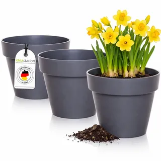 idea-station IBI Blumentopf Set 3 x 14 cm - anthrazit - bruchsichere Blumentöpfe aus Plastik für verschiedenste Pflanzen, Blumen oder Kräuter - Matte Übertöpfe für innen und außen