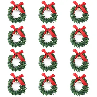 Mokyler 12 Stück Weihnachtskerzengirlande, künstliche kleine Kränze, runder Buchsbaumkranz mit Schleife und Glocke, Kerzenringe, Dekoration, Girlande für Hochzeit, Urlaub, Party