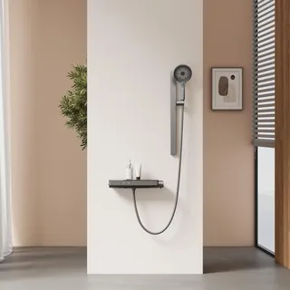 EMKE Thermostatische Duschsäule, Duschstange 40 cm, 3 Strahlarten, Anthrazit matt, geteiltes Design, passend für jede Ecke, Höhenverstellung