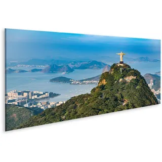 Bild auf Leinwand Luftaufnahme von Rio De Janeiro. Corcovado Berg mit Statue von Christus dem Erlöser mit Blick auf die Landschaft von Rio Wandbild Leinwandbild Kunstdruck Poster 120x40cm - Panorama