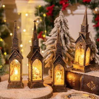 Weihnachtsdeko Laterne, 4 Stück Weihnachtslaterne mit LED Licht Weihnachten Deko Laterne mit Elch Muster Häuser Laterne Beleuchtete Batteriebetrieben Weihnachtslaterne für Party Deko