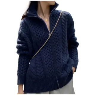 VATIVA Damen 100% Kaschmir lockerer dünner Reißverschluss Pullover dick hochgeschlossene Kaschmir Strickjacke (Farbe: Blau, Größe: L) - L