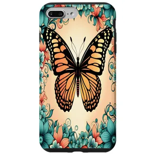 Hülle für iPhone 7 Plus/8 Plus Lebendiger schöner orangefarbener Schmetterling und kräftige blaue Blumen