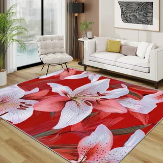 TerroVee Blumen Teppich Wohnzimmer 200x300 cm,Rosa Weiß Lilie Blüten Teppiche Waschbar Für Schlafzimmer,Botanisch Mädchen Waschbar rutschfest Weich Groß Esszimmer, Rosa Weiß