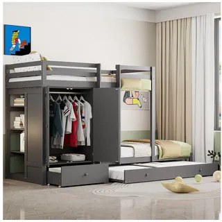 STILVORA Etagenbett 90×200 Kinderbett mit Schrank und Stauraum,Bettgestell ohne Matratze (mit Ausziehbett multifunktionales Kinderbett, mit Kleiderschrank, Schubladen und Ablagefach 90x200 cm), ohne Matratze grau